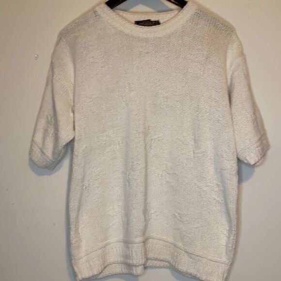 Eddie Bauer | Vintage Round Knit Pullover Textured Short Sleeve Cream Sweater S - Picture 4 of 10